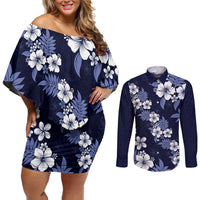 Hawaiian Hibiscus Tribal Floral Blue Couples Matching Off Shoulder Short Dress and Long Sleeve Button Shirt Polynesian Tapa Pattern LT01 Blue - Polynesian Pride