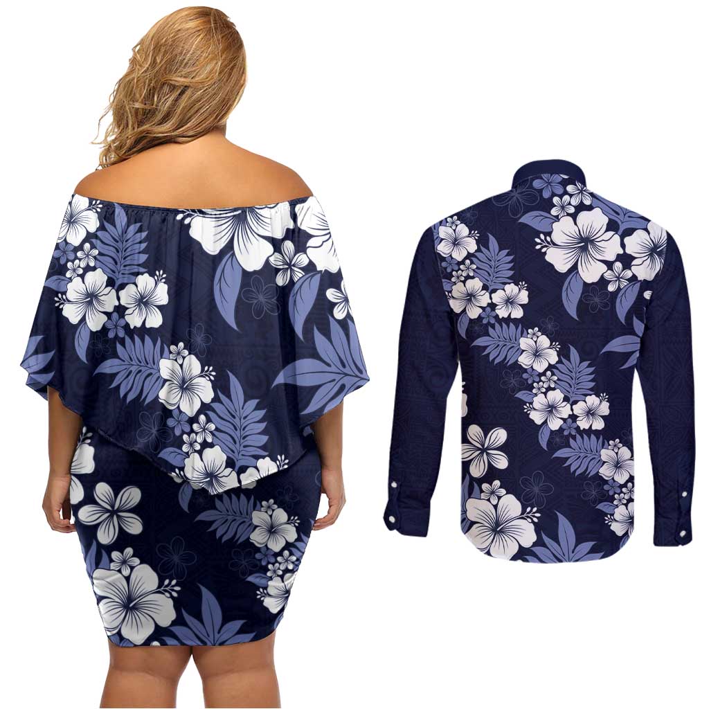 Hawaiian Hibiscus Tribal Floral Blue Couples Matching Off Shoulder Short Dress and Long Sleeve Button Shirt Polynesian Tapa Pattern LT01 - Polynesian Pride