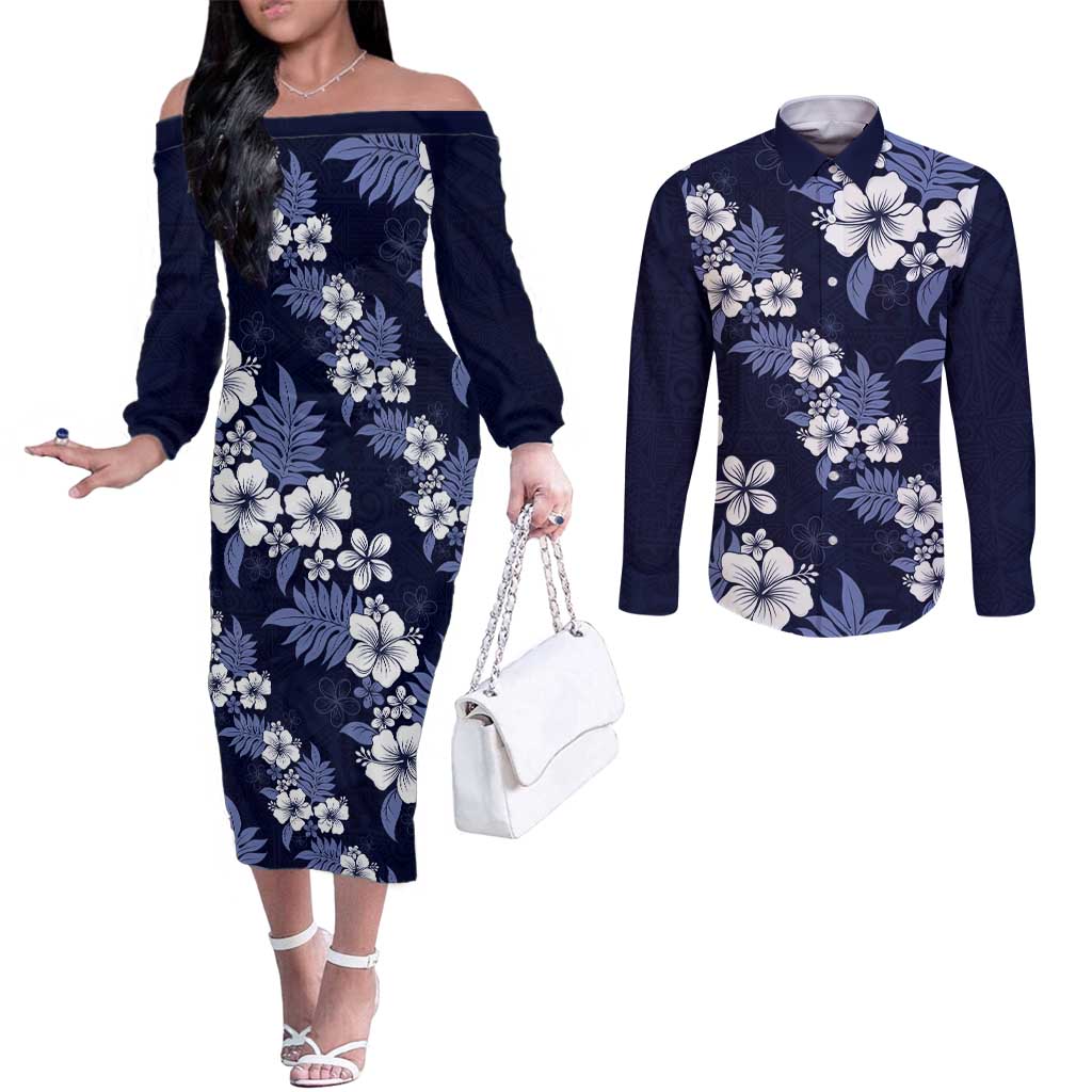 Hawaiian Hibiscus Tribal Floral Blue Couples Matching Off The Shoulder Long Sleeve Dress and Long Sleeve Button Shirt Polynesian Tapa Pattern LT01 Blue - Polynesian Pride