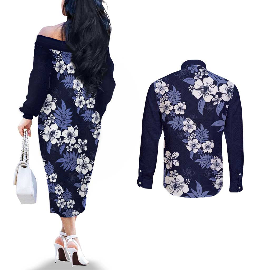 Hawaiian Hibiscus Tribal Floral Blue Couples Matching Off The Shoulder Long Sleeve Dress and Long Sleeve Button Shirt Polynesian Tapa Pattern LT01 - Polynesian Pride