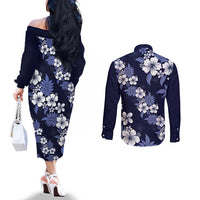 Hawaiian Hibiscus Tribal Floral Blue Couples Matching Off The Shoulder Long Sleeve Dress and Long Sleeve Button Shirt Polynesian Tapa Pattern LT01 - Polynesian Pride
