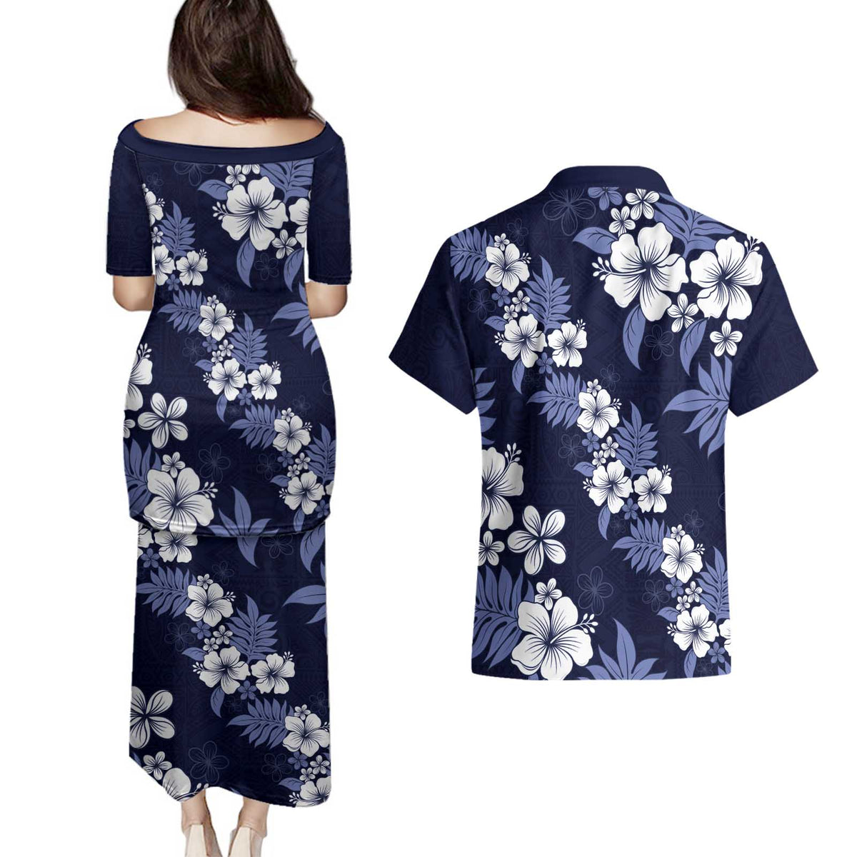 Hawaiian Hibiscus Tribal Floral Blue Couples Matching Puletasi and Hawaiian Shirt Polynesian Tapa Pattern LT01 - Polynesian Pride