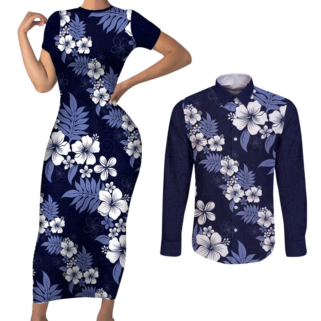 Hawaiian Hibiscus Tribal Floral Blue Couples Matching Short Sleeve Bodycon Dress and Long Sleeve Button Shirt Polynesian Tapa Pattern LT01 Blue - Polynesian Pride