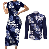 Hawaiian Hibiscus Tribal Floral Blue Couples Matching Short Sleeve Bodycon Dress and Long Sleeve Button Shirt Polynesian Tapa Pattern LT01 Blue - Polynesian Pride