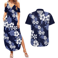 Hawaiian Hibiscus Tribal Floral Blue Couples Matching Summer Maxi Dress and Hawaiian Shirt Polynesian Tapa Pattern LT01 Blue - Polynesian Pride