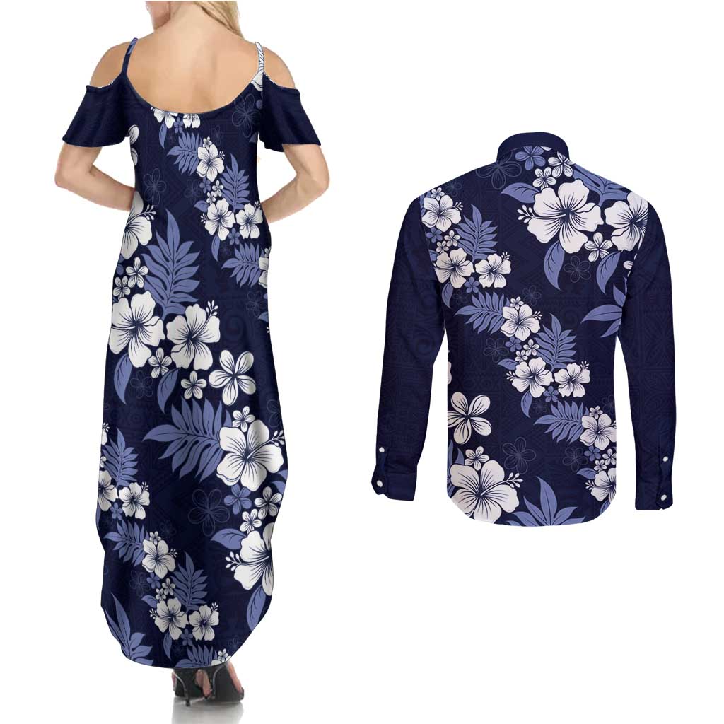 Hawaiian Hibiscus Tribal Floral Blue Couples Matching Summer Maxi Dress and Long Sleeve Button Shirt Polynesian Tapa Pattern LT01 - Polynesian Pride