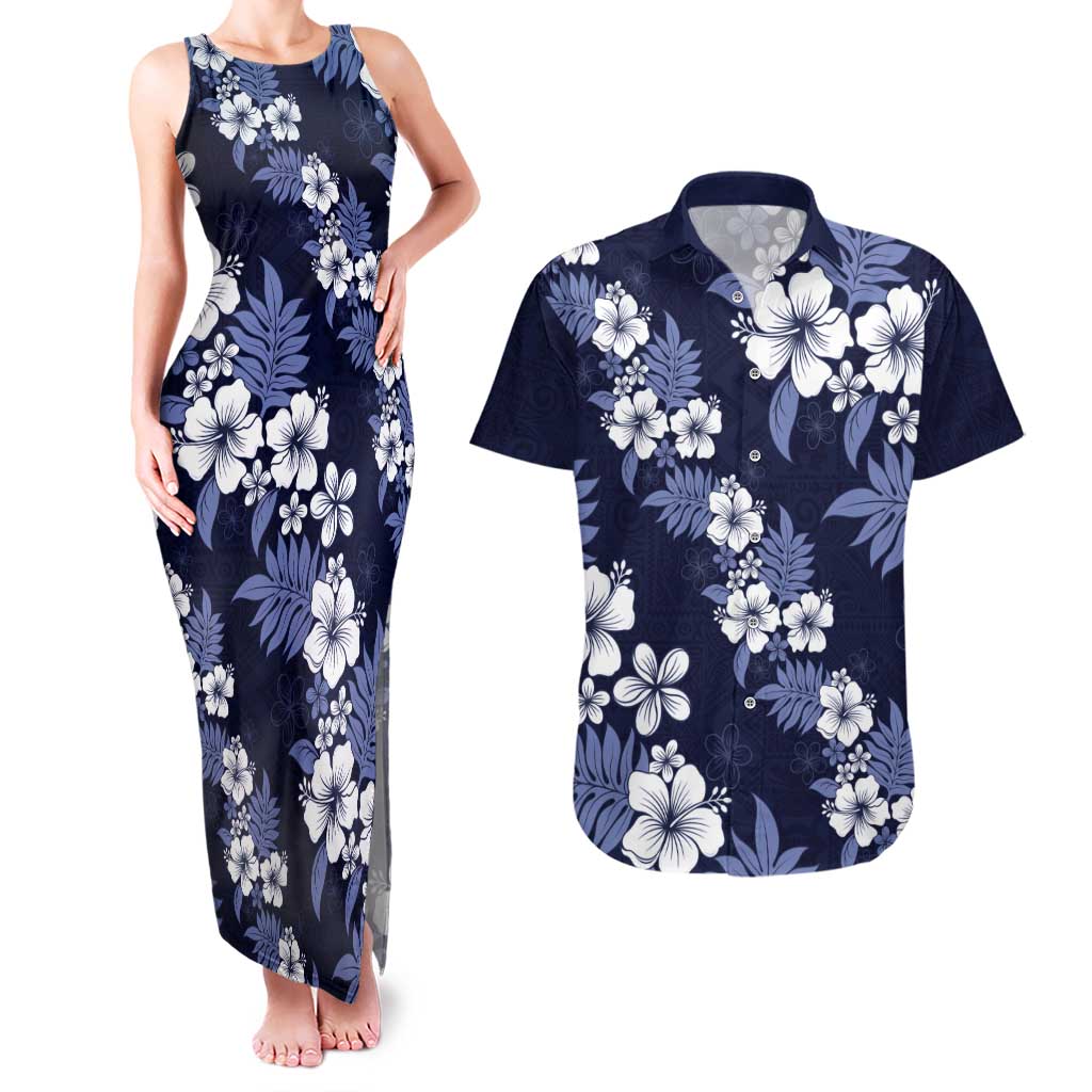 Hawaiian Hibiscus Tribal Floral Blue Couples Matching Tank Maxi Dress and Hawaiian Shirt Polynesian Tapa Pattern LT01 Blue - Polynesian Pride