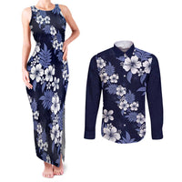 Hawaiian Hibiscus Tribal Floral Blue Couples Matching Tank Maxi Dress and Long Sleeve Button Shirt Polynesian Tapa Pattern LT01 Blue - Polynesian Pride