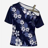 Hawaiian Hibiscus Tribal Floral Blue Cross Shoulder Shirt Polynesian Tapa Pattern - Polynesian Pride