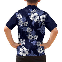 Hawaiian Hibiscus Tribal Floral Blue Family Matching Off The Shoulder Long Sleeve Dress and Hawaiian Shirt Polynesian Tapa Pattern LT01 - Polynesian Pride
