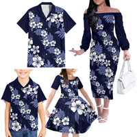Hawaiian Hibiscus Tribal Floral Blue Family Matching Off The Shoulder Long Sleeve Dress and Hawaiian Shirt Polynesian Tapa Pattern LT01 - Polynesian Pride