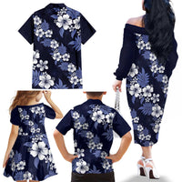 Hawaiian Hibiscus Tribal Floral Blue Family Matching Off The Shoulder Long Sleeve Dress and Hawaiian Shirt Polynesian Tapa Pattern LT01 - Polynesian Pride