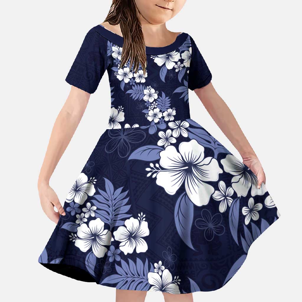 Hawaiian Hibiscus Tribal Floral Blue Family Matching Off Shoulder Maxi Dress and Hawaiian Shirt Polynesian Tapa Pattern LT01 Daughter's Dress Blue - Polynesian Pride