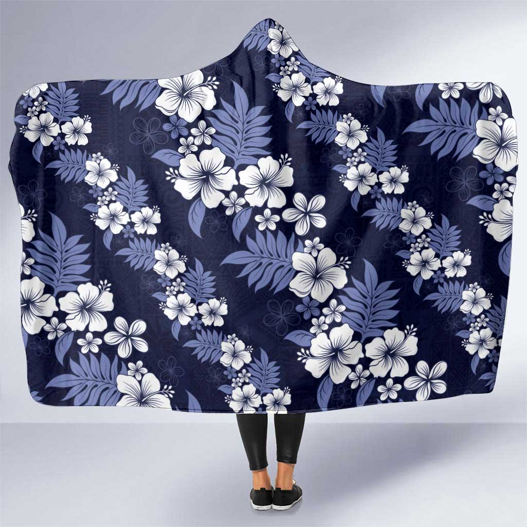 Hawaiian Hibiscus Tribal Floral Blue Hooded Blanket Polynesian Tapa Pattern - Polynesian Pride