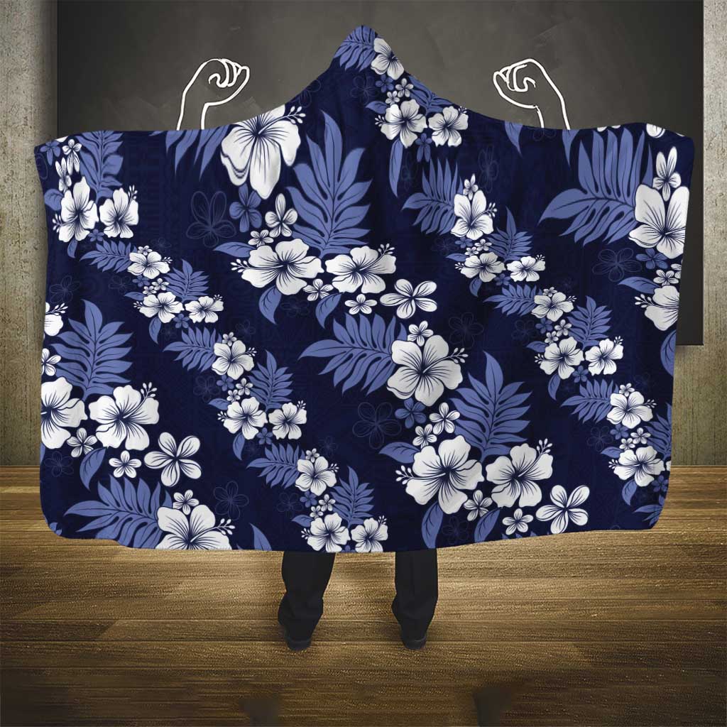 Hawaiian Hibiscus Tribal Floral Blue Hooded Blanket Polynesian Tapa Pattern - Polynesian Pride
