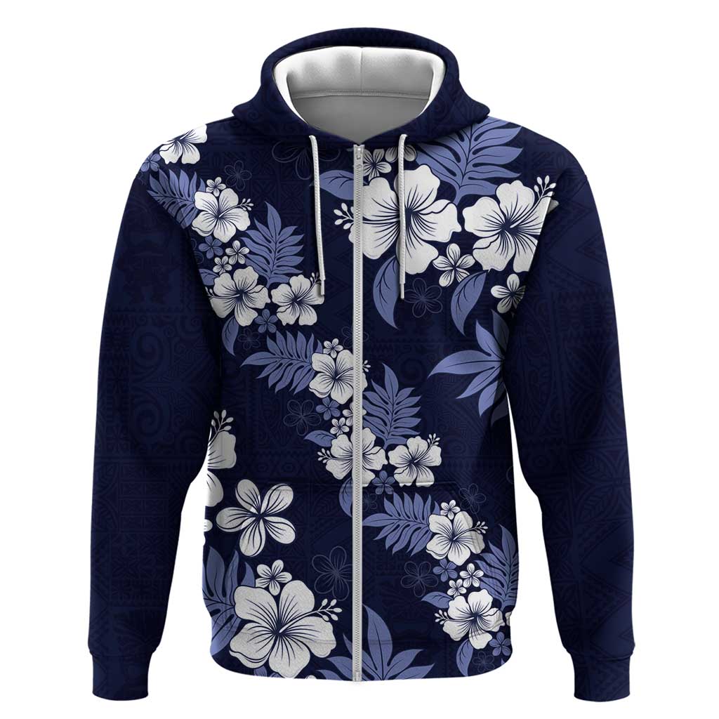Hawaiian Hibiscus Tribal Floral Blue Hoodie Polynesian Tapa Pattern - Polynesian Pride