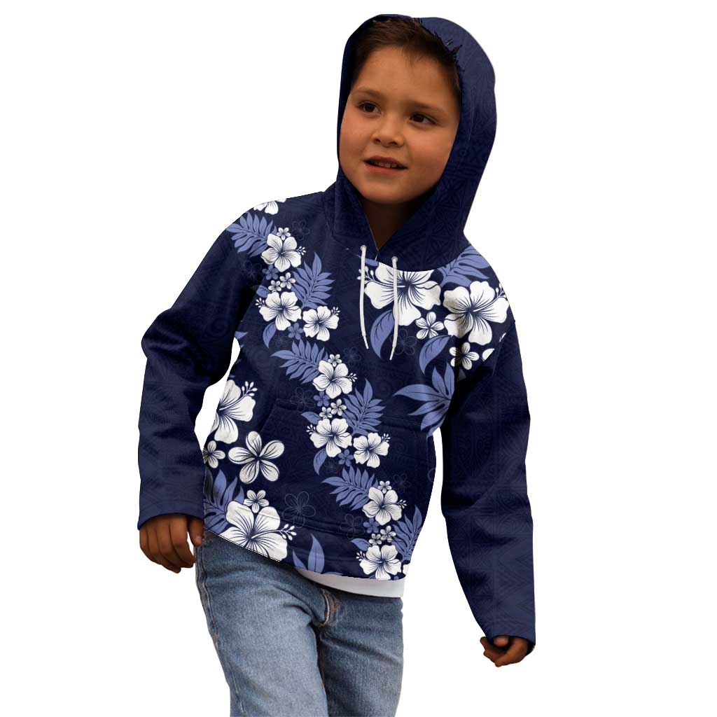 Hawaiian Hibiscus Tribal Floral Blue Kid Hoodie Polynesian Tapa Pattern - Polynesian Pride