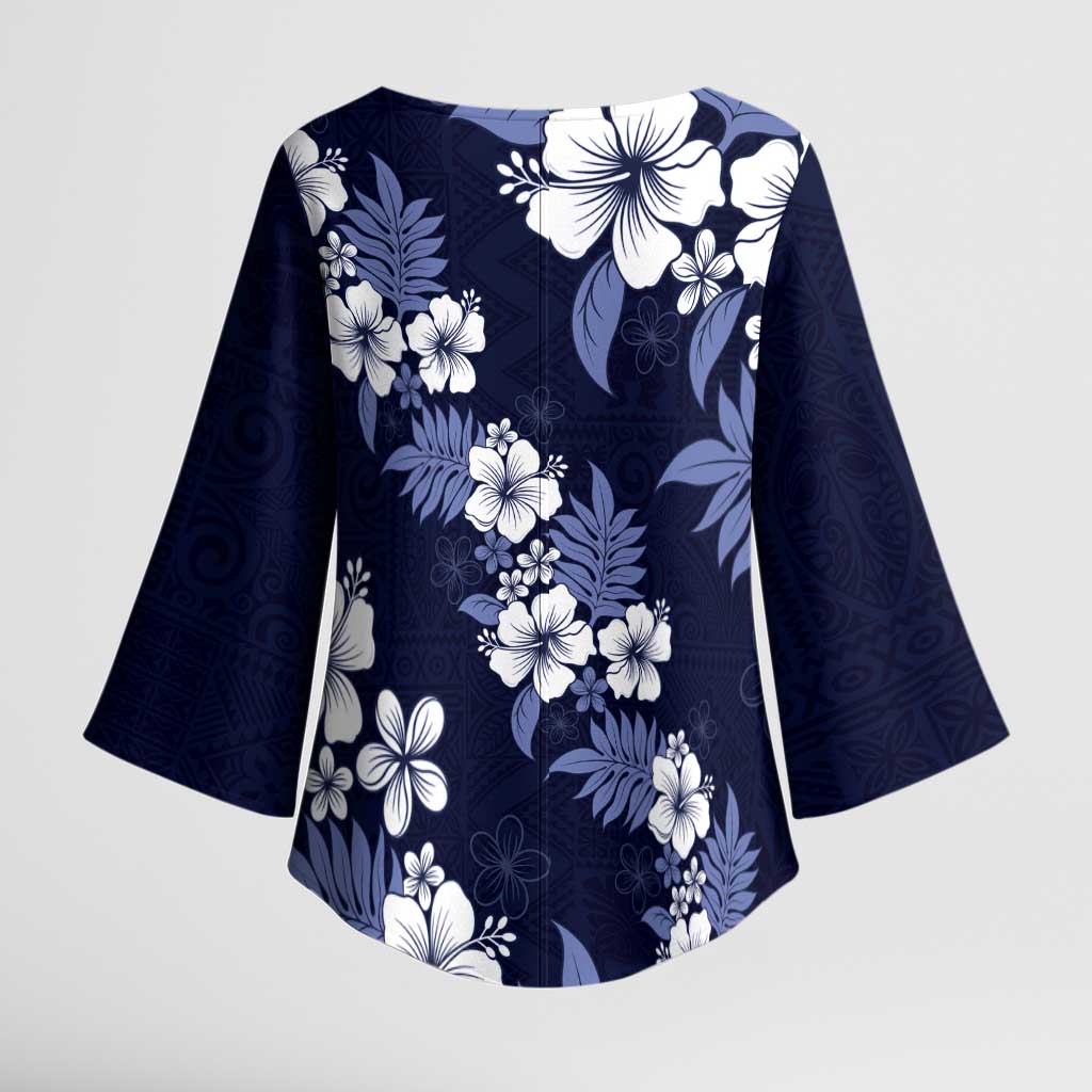 Hawaiian Hibiscus Tribal Floral Blue Kimono Sleeve Blouse Polynesian Tapa Pattern - Polynesian Pride
