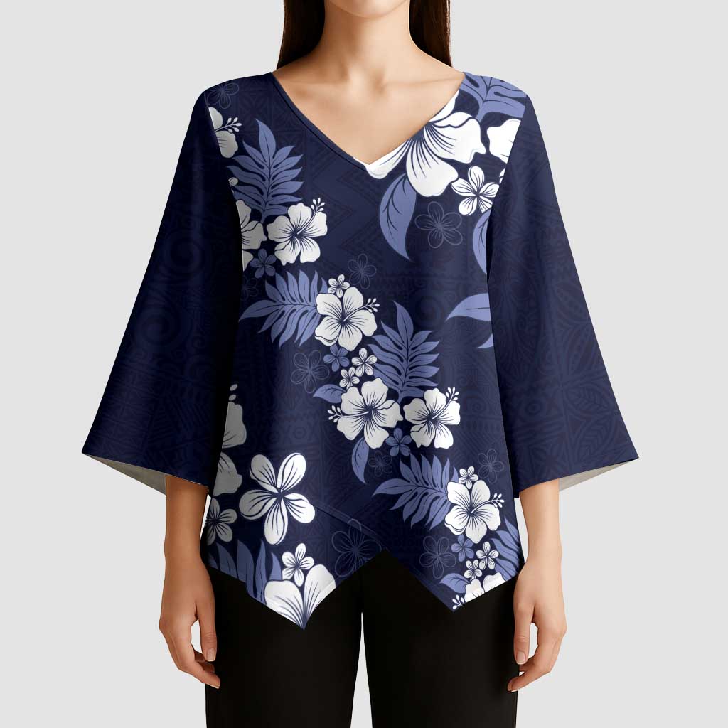 Hawaiian Hibiscus Tribal Floral Blue Kimono Sleeve Blouse Polynesian Tapa Pattern - Polynesian Pride