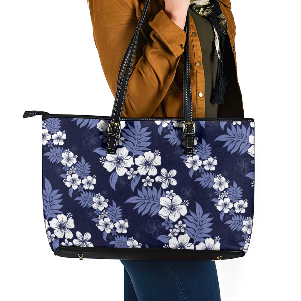Hawaiian Hibiscus Tribal Floral Blue Leather Tote Bag Polynesian Tapa Pattern - Polynesian Pride