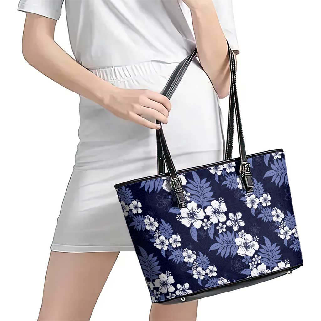 Hawaiian Hibiscus Tribal Floral Blue Leather Tote Bag Polynesian Tapa Pattern - Polynesian Pride