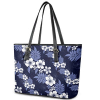 Hawaiian Hibiscus Tribal Floral Blue Leather Tote Bag Polynesian Tapa Pattern - Polynesian Pride