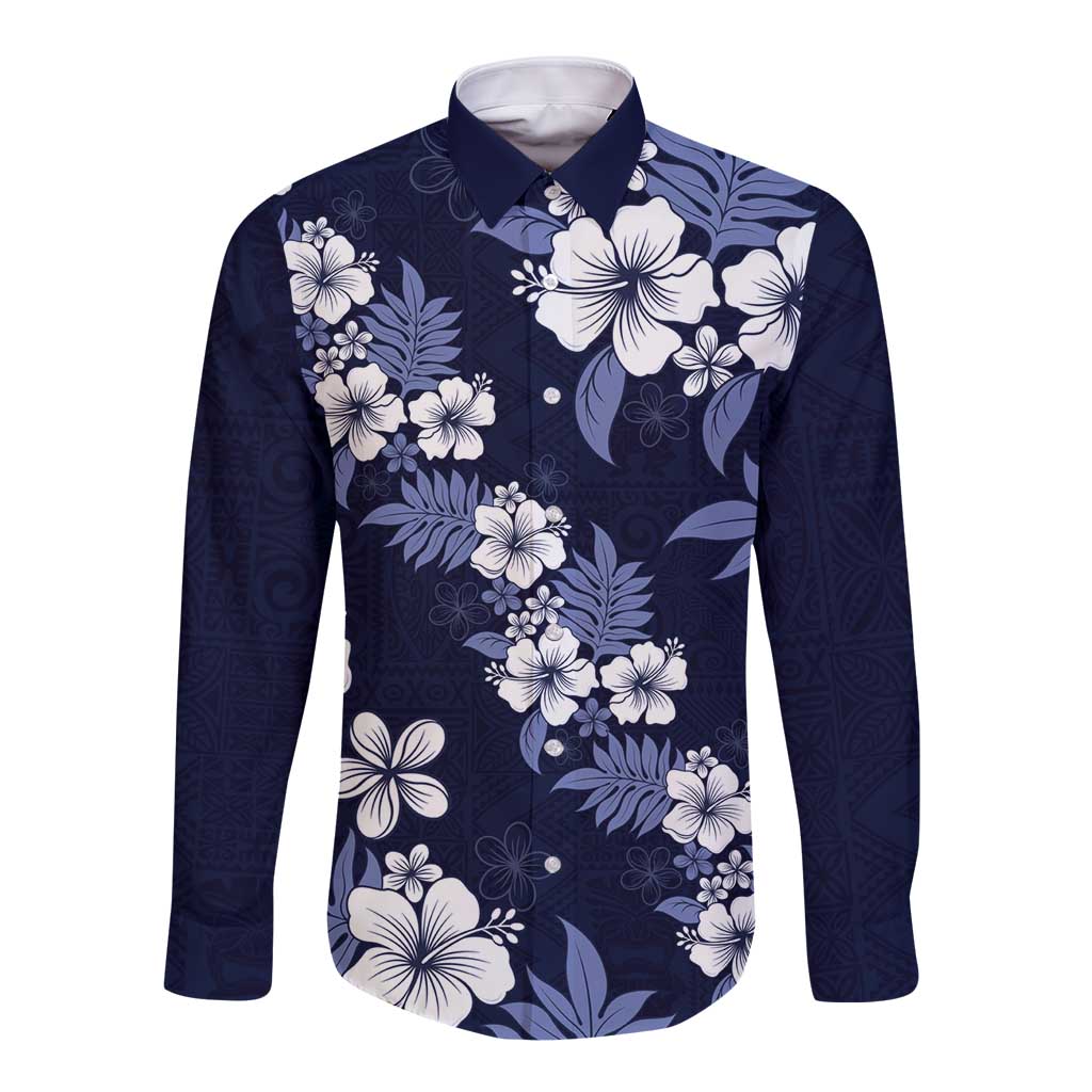 Hawaiian Hibiscus Tribal Floral Blue Long Sleeve Button Shirt Polynesian Tapa Pattern LT01 Unisex Blue - Polynesian Pride