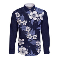 Hawaiian Hibiscus Tribal Floral Blue Long Sleeve Button Shirt Polynesian Tapa Pattern LT01 Unisex Blue - Polynesian Pride