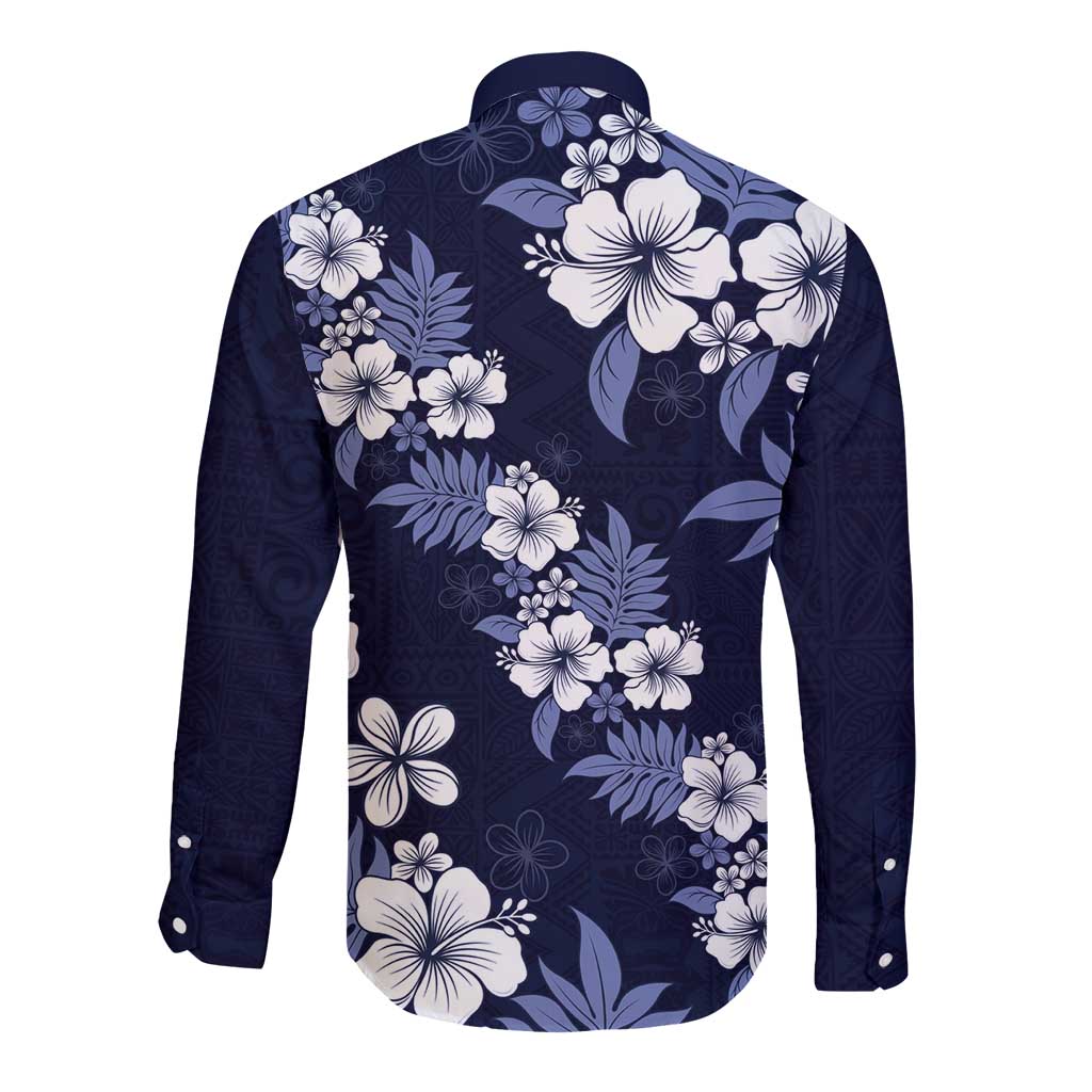 Hawaiian Hibiscus Tribal Floral Blue Long Sleeve Button Shirt Polynesian Tapa Pattern LT01 - Polynesian Pride
