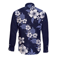 Hawaiian Hibiscus Tribal Floral Blue Long Sleeve Button Shirt Polynesian Tapa Pattern LT01 - Polynesian Pride