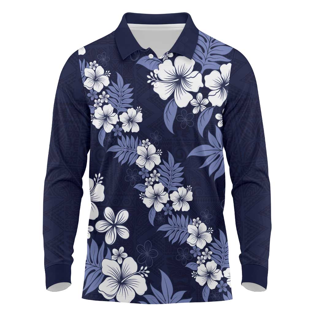 Hawaiian Hibiscus Tribal Floral Blue Long Sleeve Polo Shirt Polynesian Tapa Pattern LT01 Blue - Polynesian Pride