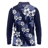 Hawaiian Hibiscus Tribal Floral Blue Long Sleeve Polo Shirt Polynesian Tapa Pattern LT01 - Polynesian Pride