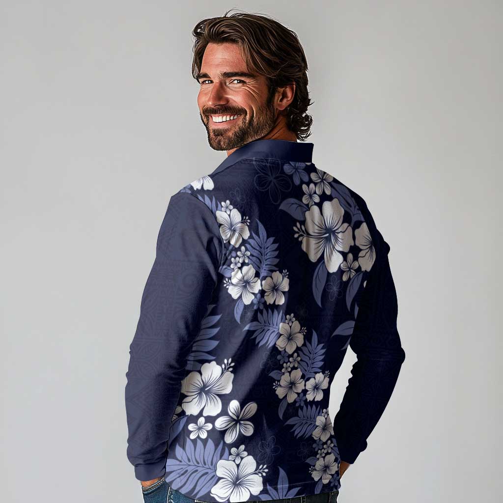Hawaiian Hibiscus Tribal Floral Blue Long Sleeve Polo Shirt Polynesian Tapa Pattern LT01 - Polynesian Pride
