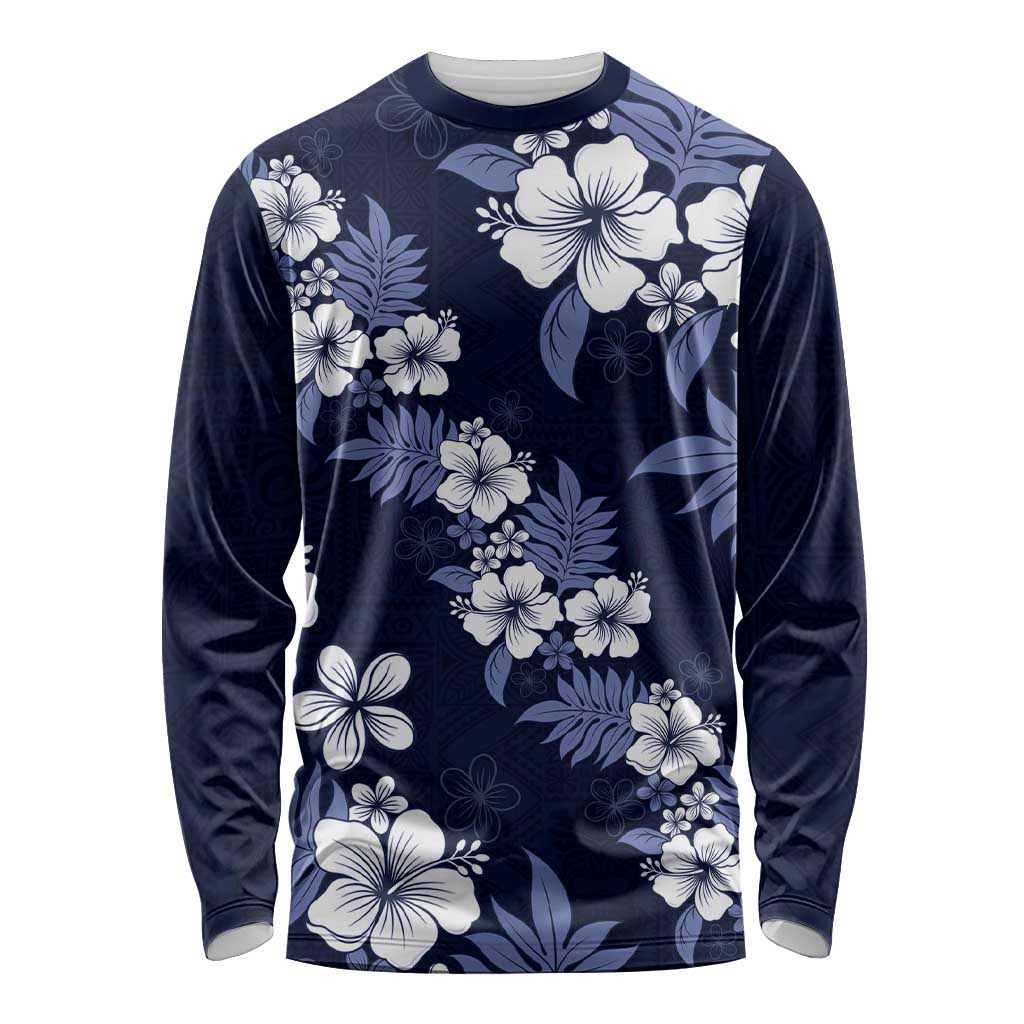 Hawaiian Hibiscus Tribal Floral Blue Long Sleeve Shirt Polynesian Tapa Pattern LT01 Unisex Blue - Polynesian Pride