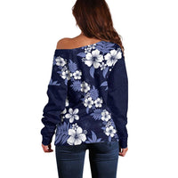 Hawaiian Hibiscus Tribal Floral Blue Off Shoulder Sweater Polynesian Tapa Pattern - Polynesian Pride