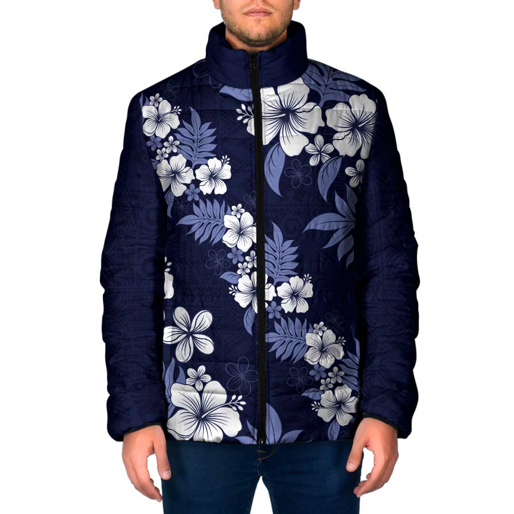 Hawaiian Hibiscus Tribal Floral Blue Padded Jacket Polynesian Tapa Pattern - Polynesian Pride