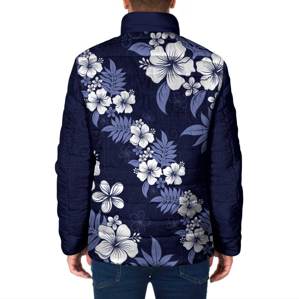 Hawaiian Hibiscus Tribal Floral Blue Padded Jacket Polynesian Tapa Pattern - Polynesian Pride