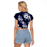 Hawaiian Hibiscus Tribal Floral Blue Raglan Cropped T Shirt Polynesian Tapa Pattern - Polynesian Pride