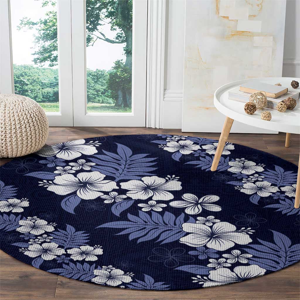 Hawaiian Hibiscus Tribal Floral Blue Round Carpet Polynesian Tapa Pattern - Polynesian Pride