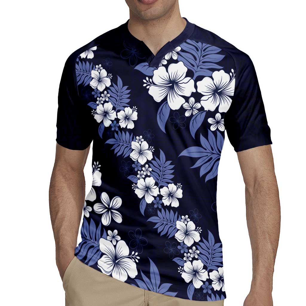 Hawaiian Hibiscus Tribal Floral Blue Rugby Jersey Polynesian Tapa Pattern LT01 - Polynesian Pride