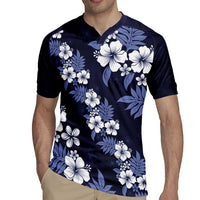 Hawaiian Hibiscus Tribal Floral Blue Rugby Jersey Polynesian Tapa Pattern LT01 - Polynesian Pride
