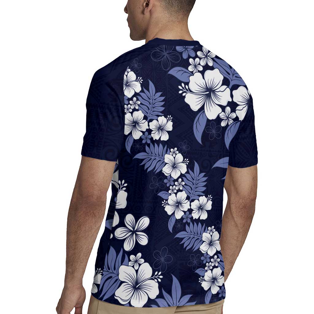 Hawaiian Hibiscus Tribal Floral Blue Rugby Jersey Polynesian Tapa Pattern LT01 - Polynesian Pride