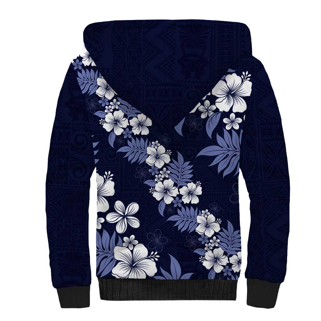 Hawaiian Hibiscus Tribal Floral Blue Sherpa Hoodie Polynesian Tapa Pattern LT01 - Polynesian Pride