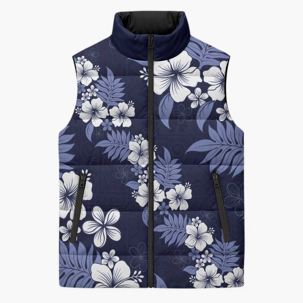 Hawaiian Hibiscus Tribal Floral Blue Sleeveless Puffer Jacket Polynesian Tapa Pattern - Polynesian Pride