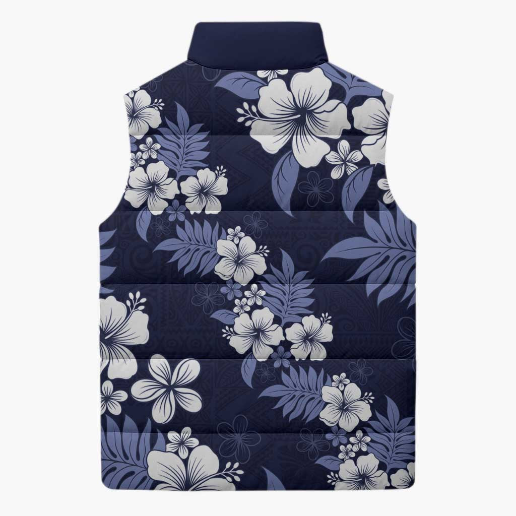 Hawaiian Hibiscus Tribal Floral Blue Sleeveless Puffer Jacket Polynesian Tapa Pattern - Polynesian Pride