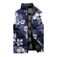 Hawaiian Hibiscus Tribal Floral Blue Sleeveless Puffer Jacket Polynesian Tapa Pattern - Polynesian Pride