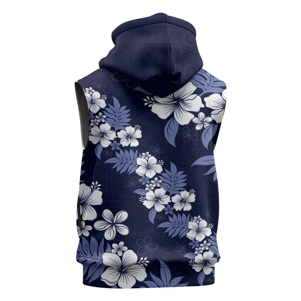 Hawaiian Hibiscus Tribal Floral Blue Sleeveless Zip Hoodie Polynesian Tapa Pattern - Polynesian Pride