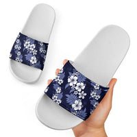 Hawaiian Hibiscus Tribal Floral Blue Slide Sandals Polynesian Tapa Pattern - Polynesian Pride
