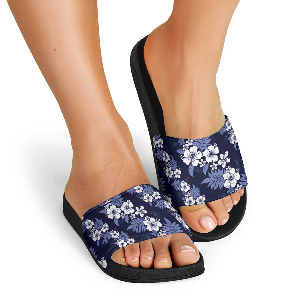 Hawaiian Hibiscus Tribal Floral Blue Slide Sandals Polynesian Tapa Pattern - Polynesian Pride