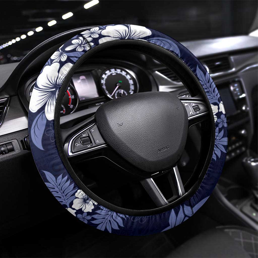 Hawaiian Hibiscus Tribal Floral Blue Steering Wheel Cover Polynesian Tapa Pattern - Polynesian Pride